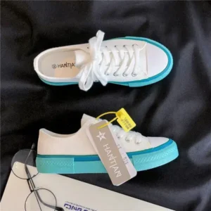 Fashionpared Women Fashion Cream Blue Canvas Lace-Up Sneakers