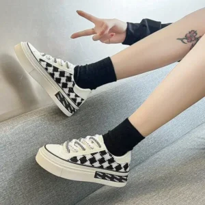 Fashionpared Women Fashion Platform Checkerboard Canvas Sneakers