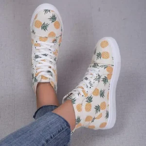 Fashionpared Women Fashion Round Toe Lace-Up Pineapple Strawberry Flat Sneakers