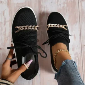 Fashionpared Women Fashion Round Toe Rhinestone Metal Decoration Lace-Up Mesh Sneakers